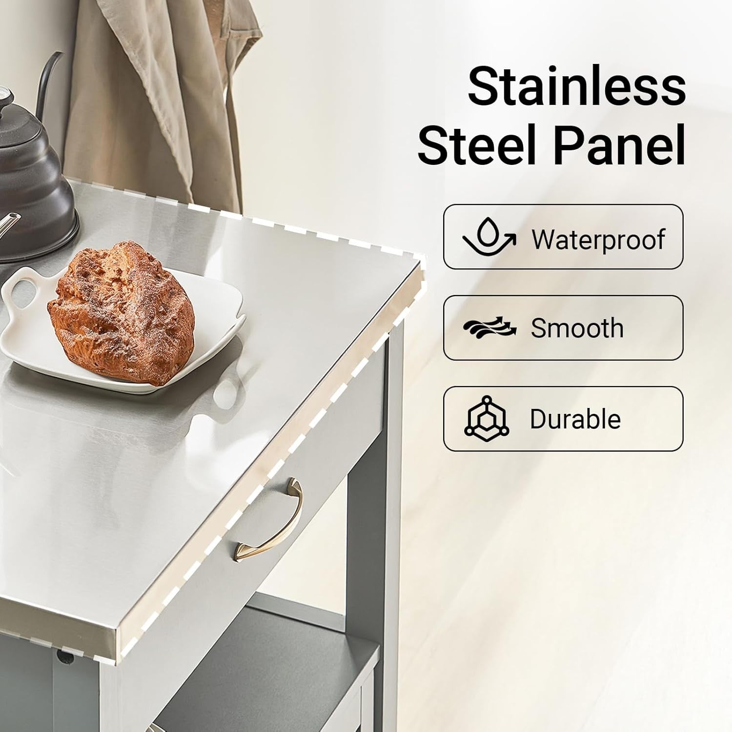 Grey Kitchen Trolley on Wheels Storage Cabinet 60x92cm