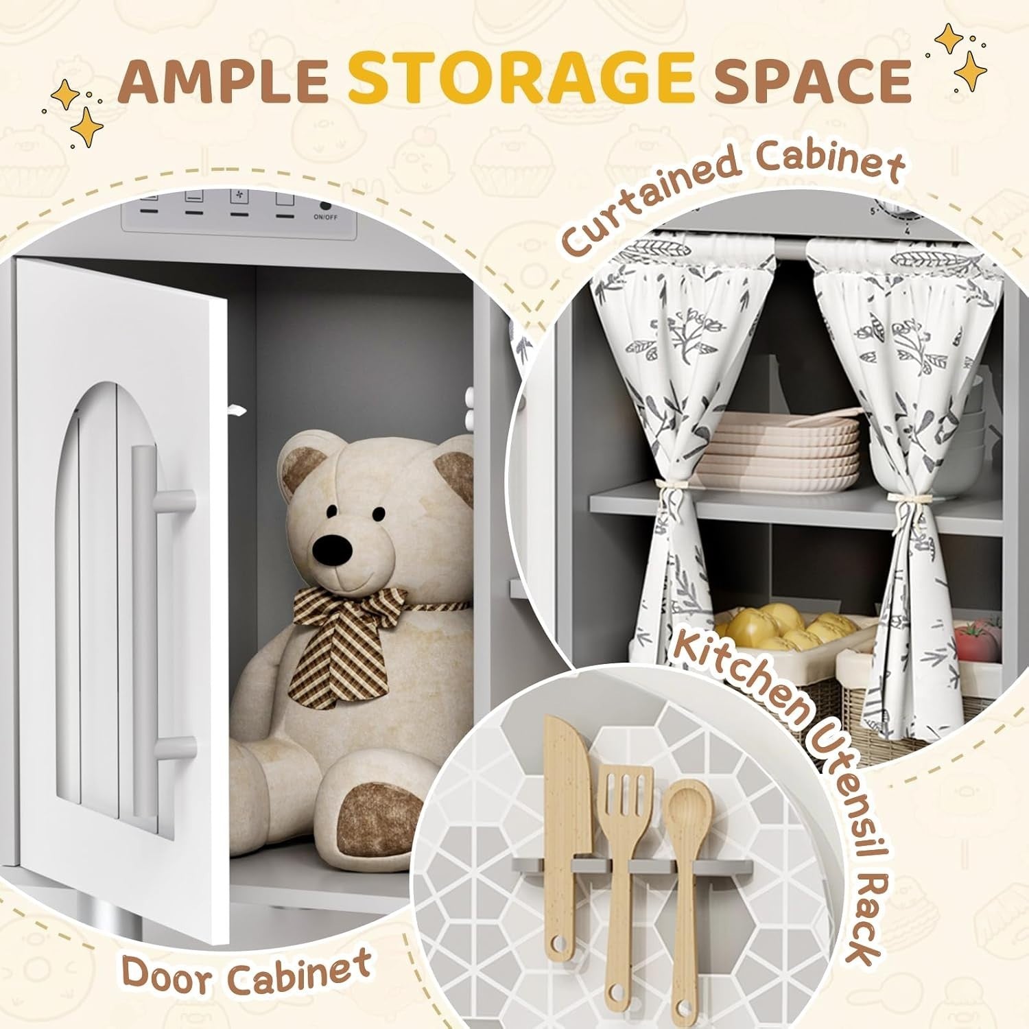 Kids Wooden Play Kitchen w/ Real Sound Stove Grey Toy Set