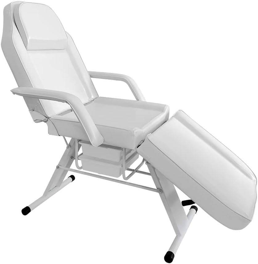 3-Section Massage Table Folding Beauty Bed Tattoo Chair w/ Storage Box White