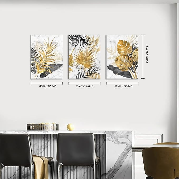 FajerminArt 3-Piece Modern Canvas Wall Art Marble Tropical Grey Gold Leaves 30x4