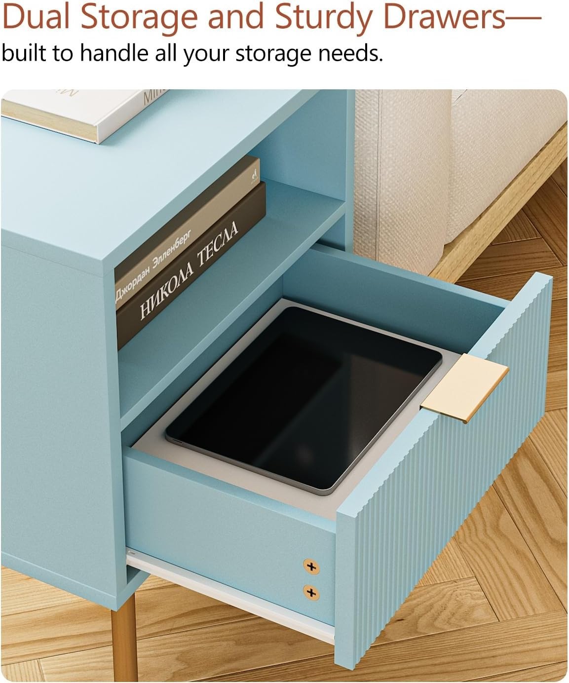 Modern Blue Bedside Table with Drawer & Shelf | Gold Legs Nightstand