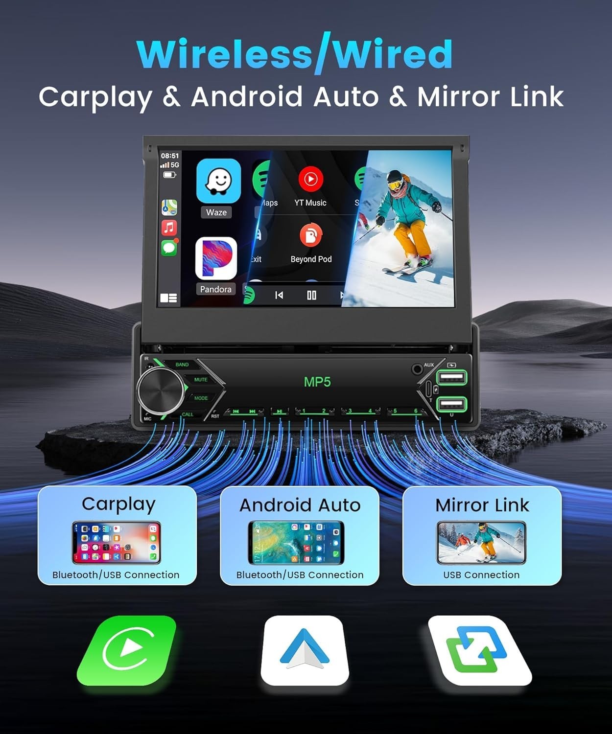 7" Flip-Out Car Stereo Wireless CarPlay Android Auto FM Bluetooth