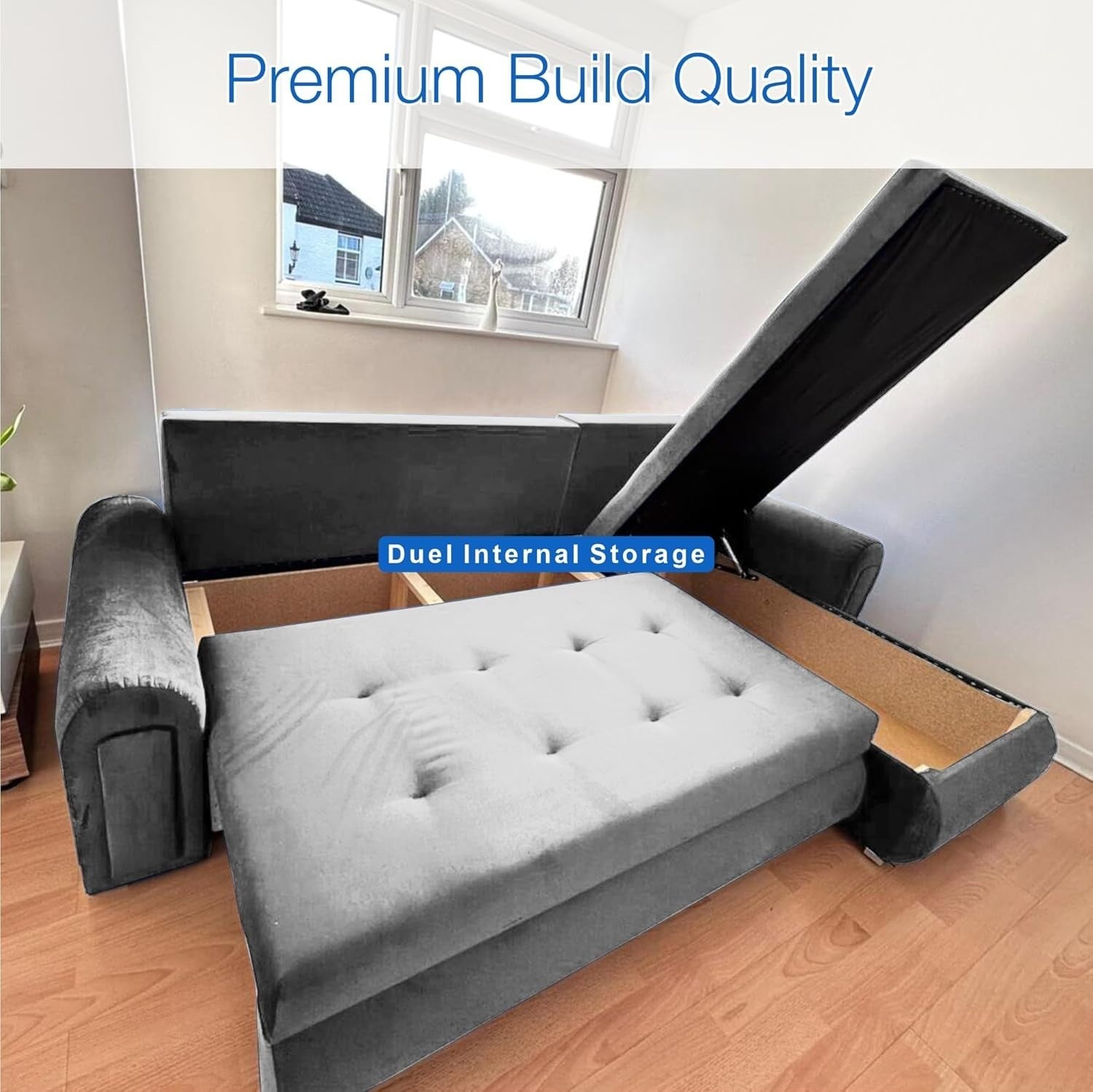 Convertible L-Shape Sofa Bed with Storage – Plush Velvet Grey Sleeper