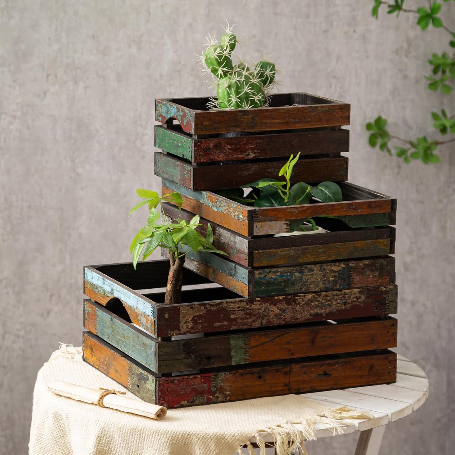 3 Pack Distressed Wooden Storage Crates Rustic Farmhouse Set