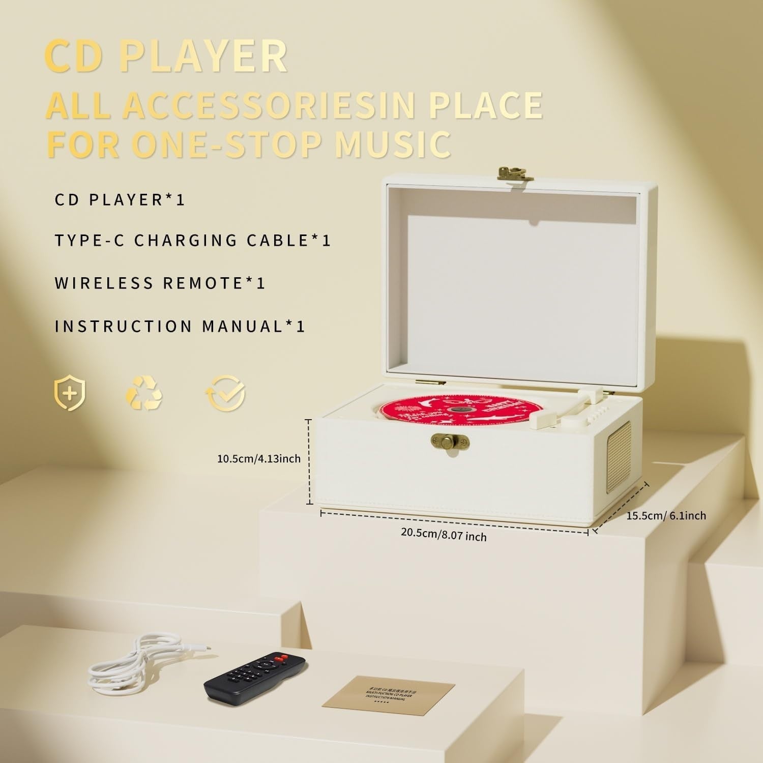Rechargeable Leather CD Player w Speakers Bluetooth USB Remote