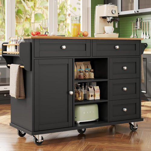 Rolling Kitchen Island Cart with 5 Drawers, Adjustable Shelves & Wheels, Black