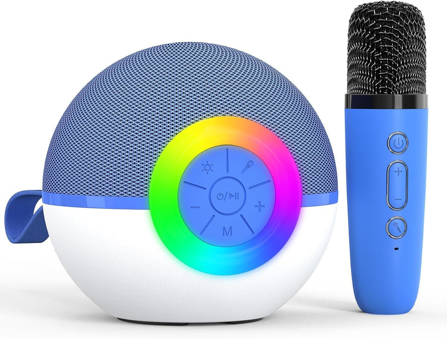 Blue Mini Karaoke Machine 1 Wireless Mic LED Voice Changer