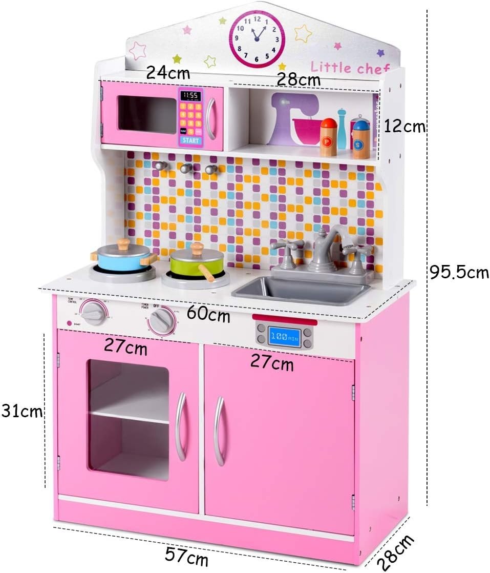 Kids Wooden Play Kitchen Pink w/ Microwave Stove Sink Toy Set