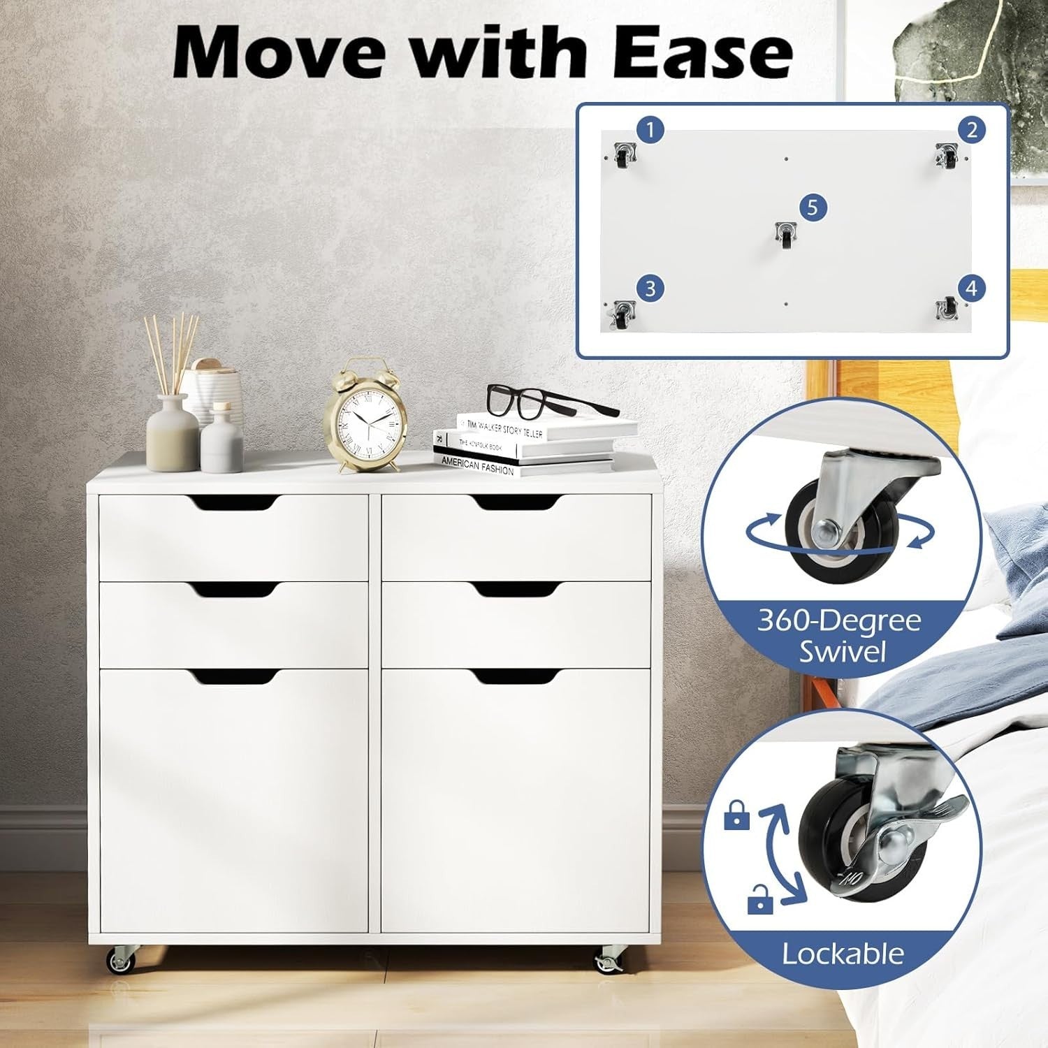 White Mobile File Cabinet 4 Drawer 2 Door Rolling Printer Stand