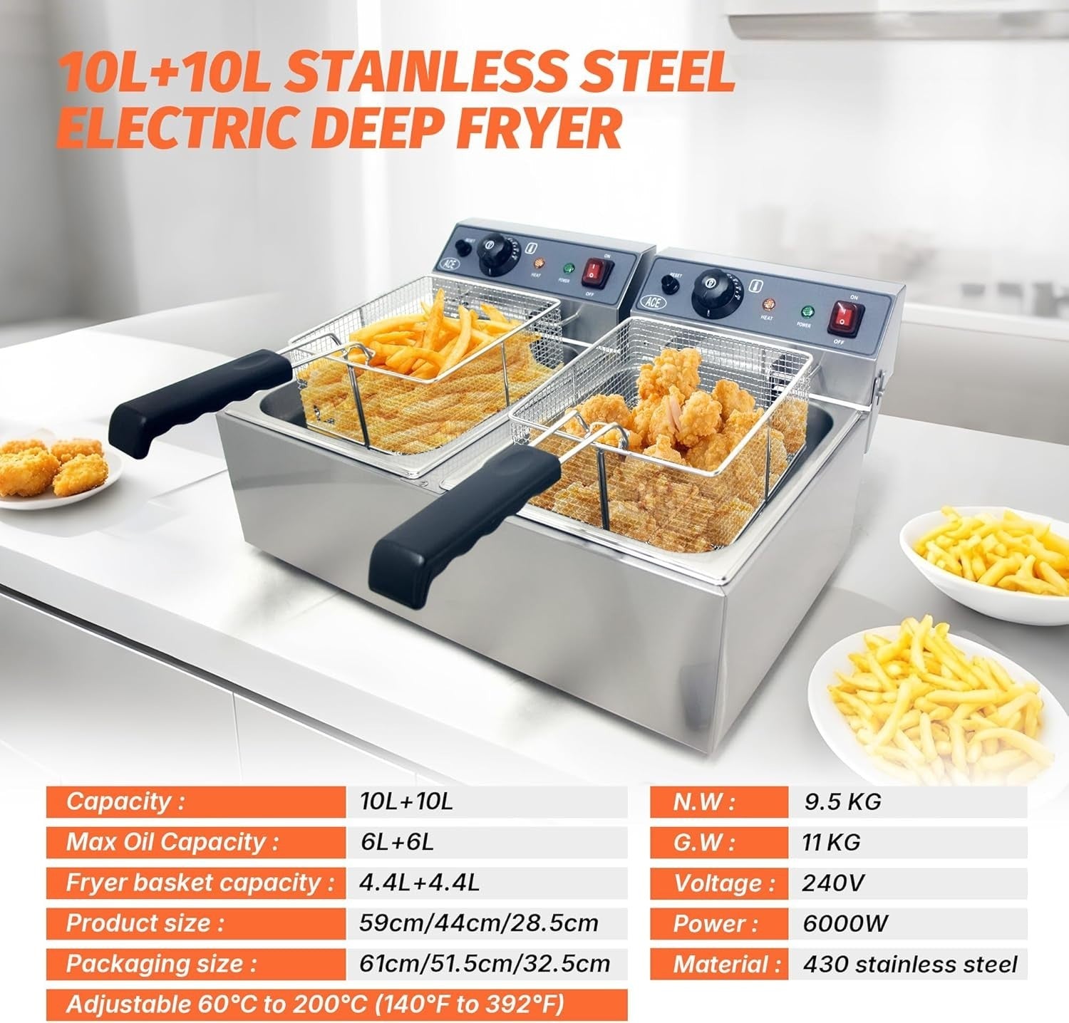 Commercial Electric Deep Fryer 20L Double Tank 6000W Stainless Steel