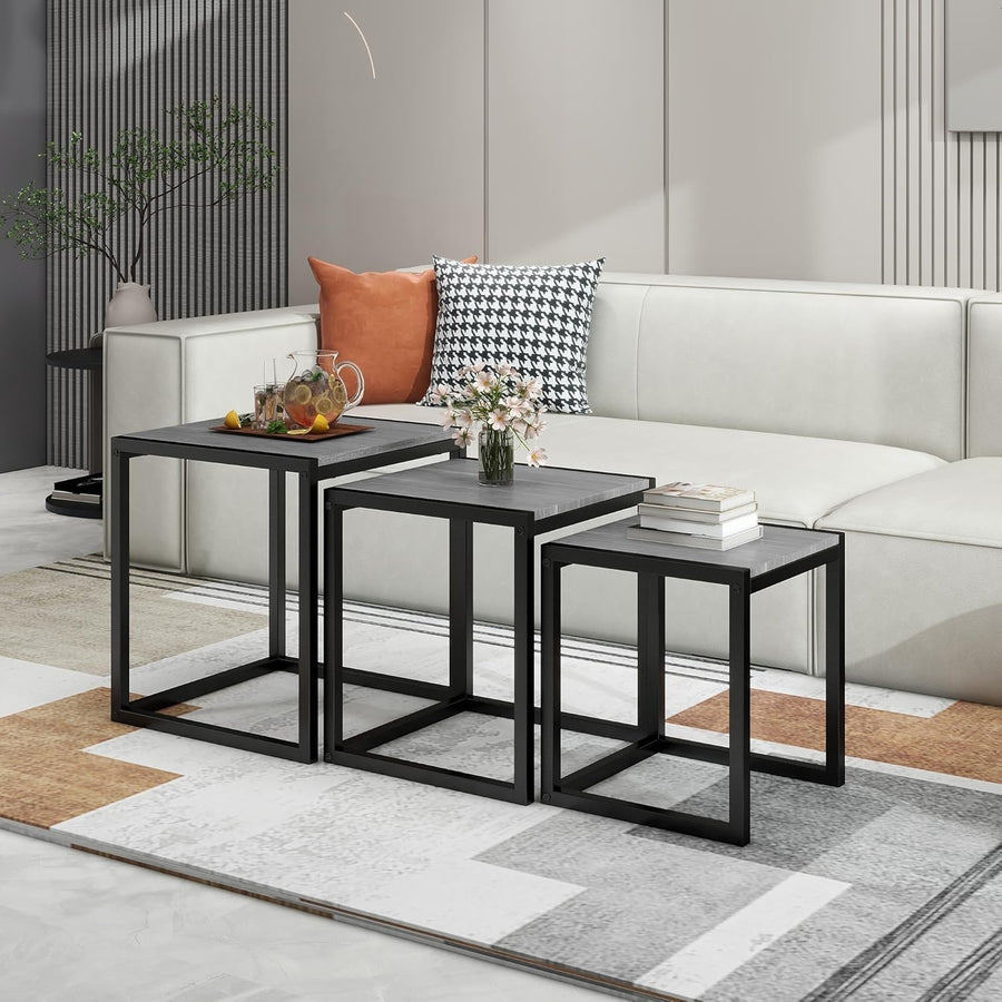 3pc Nesting End Side Tables Set Living Room Coffee Table Grey Engineered Wood