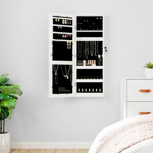 Compact LED Mirror Jewelry Cabinet Wall Mount Lockable Storage White