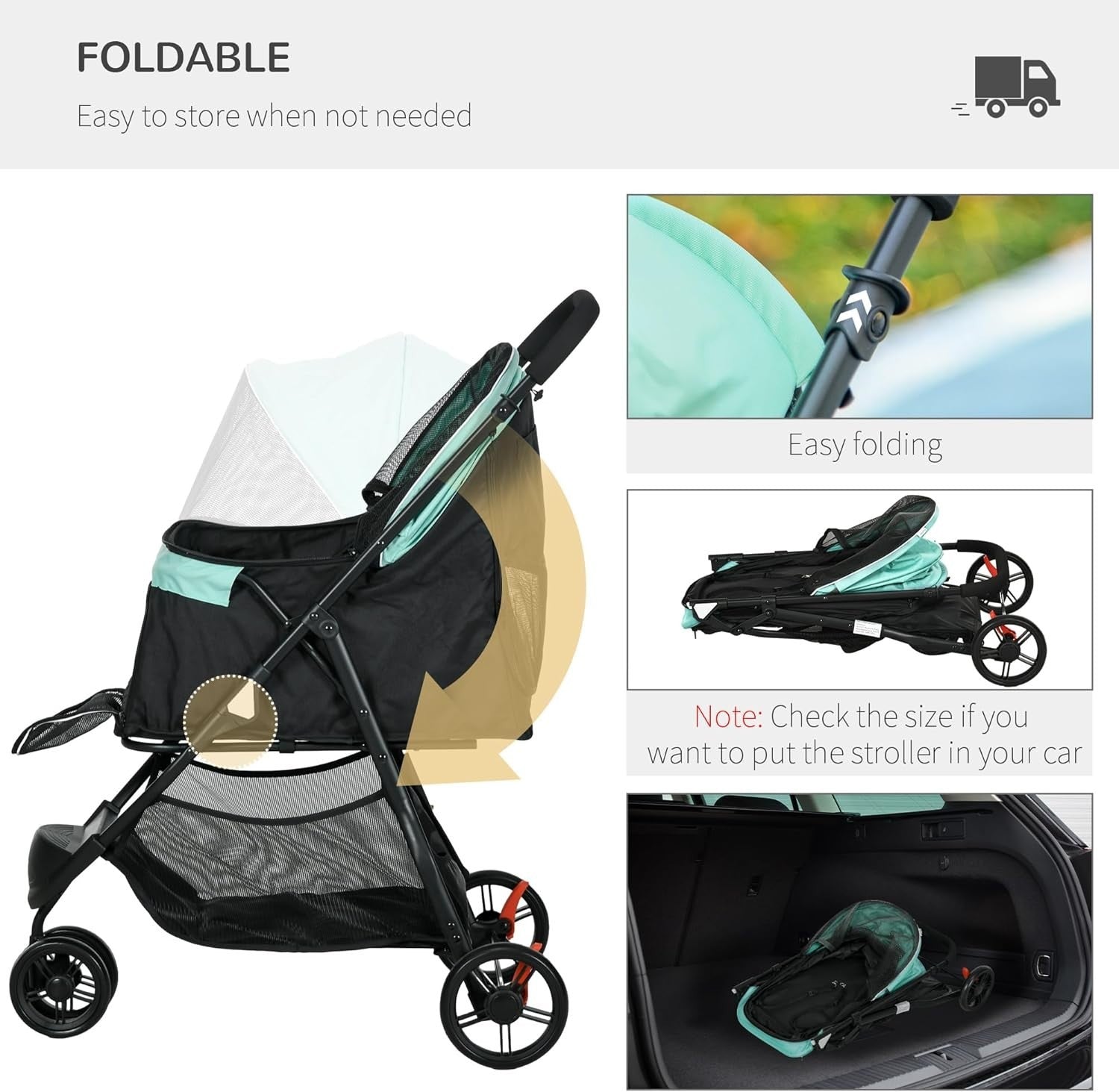 Green 3 Wheel Dog Pushchair Foldable Pet Pram with Rain Cover