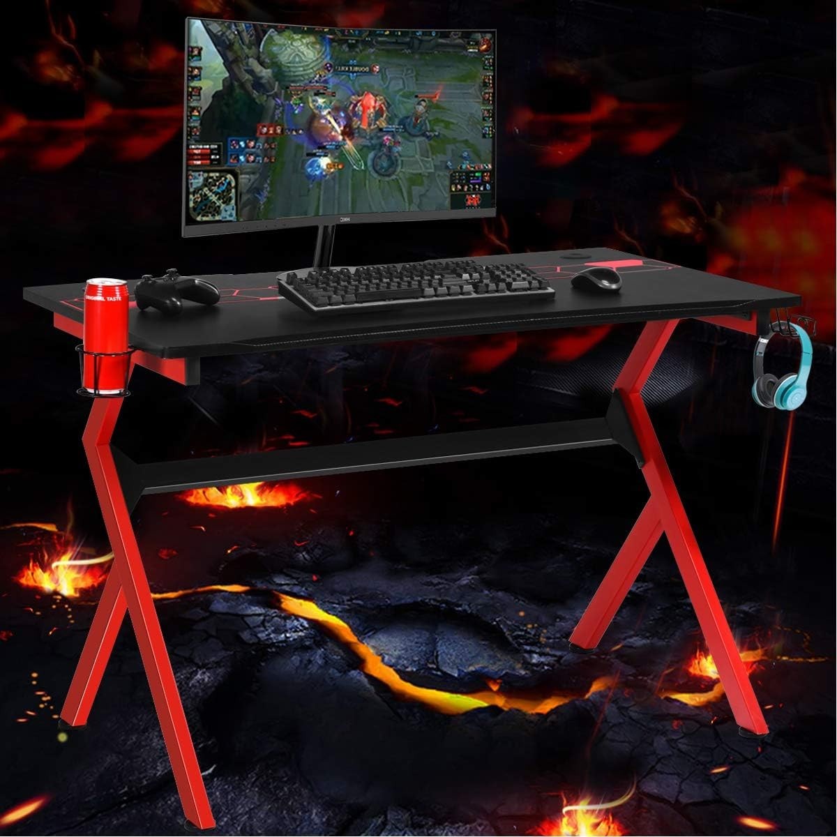 R-Shaped Gaming Desk with Cup Holder & Hook 115cm Carbon Fibre PC Table