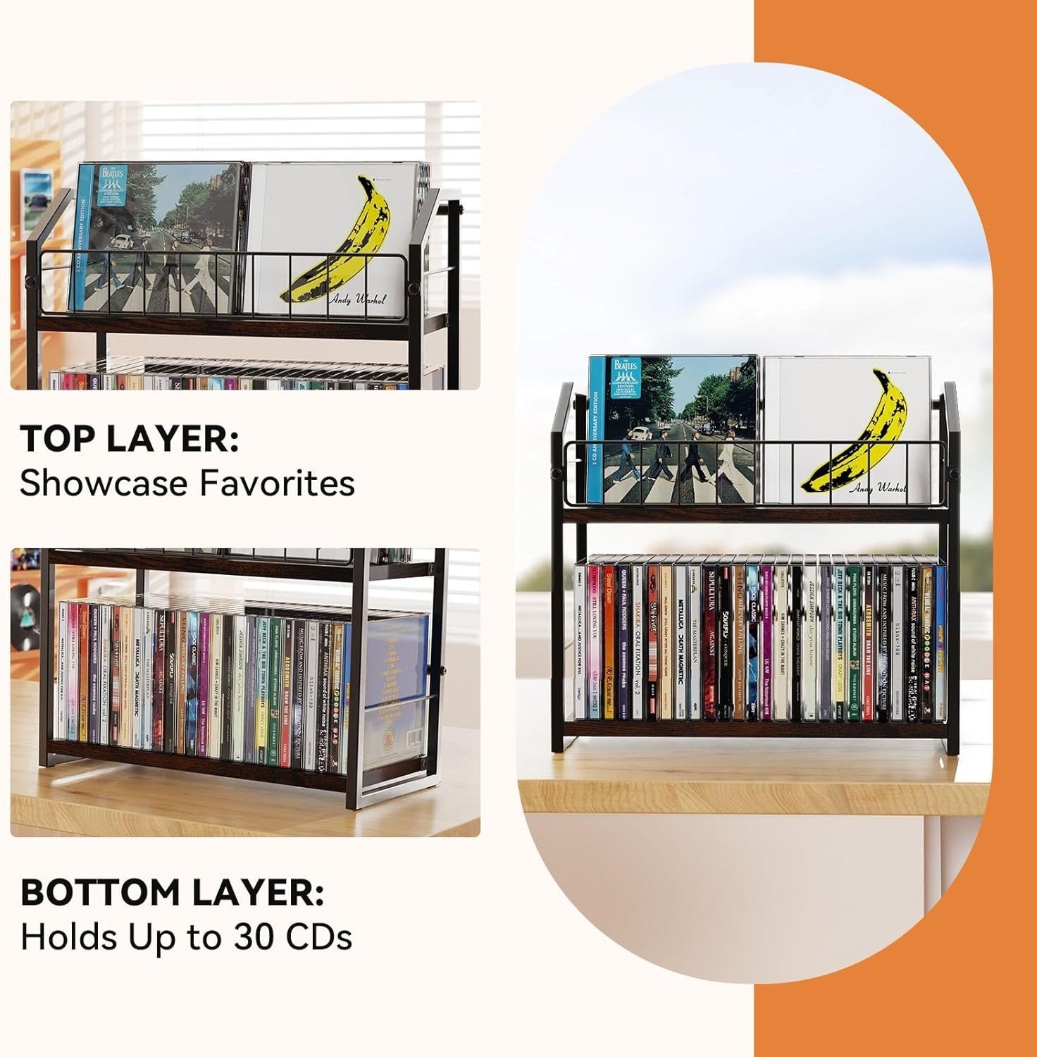 Desktop CD Storage Rack 2 Tier Display Shelf Holds 60 CDs Wood Metal