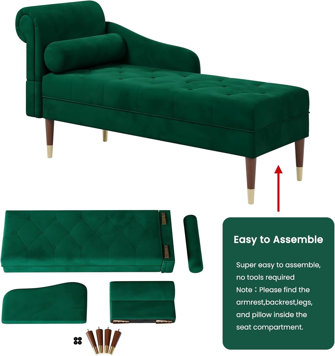 Velvet Chaise Lounge Sofa Green Left Armrest + Pillow Compact & Stylish