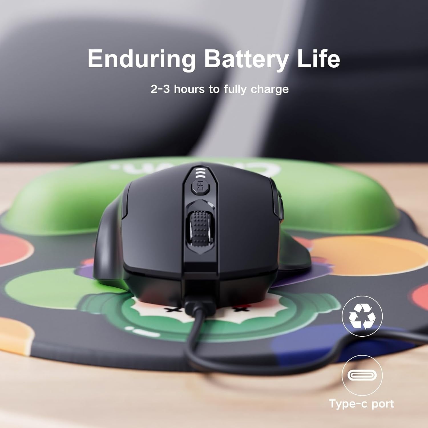 Rechargeable Wireless Mouse Visible Battery Display Adjustable DPI USB Laptop