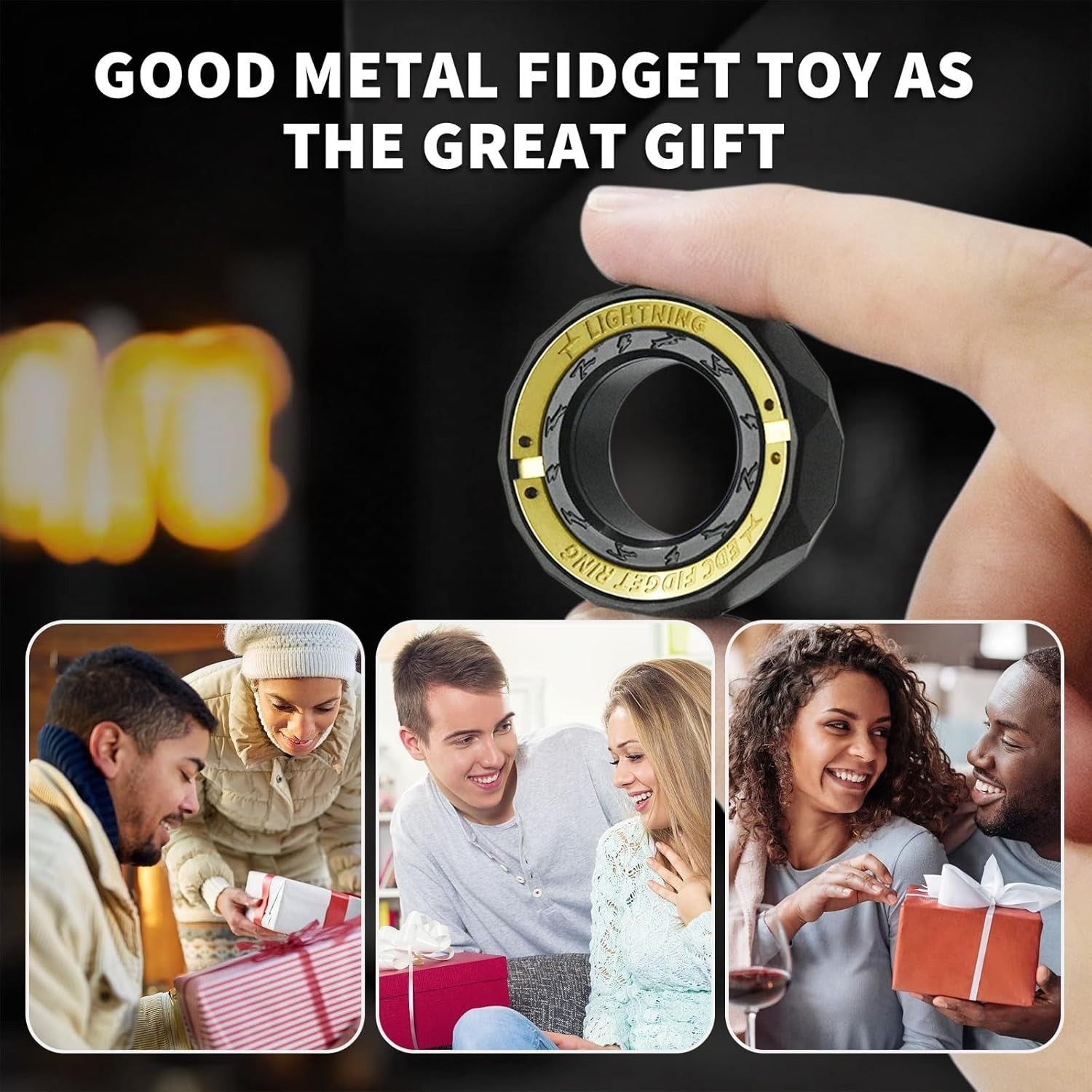 Black Lightning Fidget Ring Metal Click Slider Stress Relief ADHD