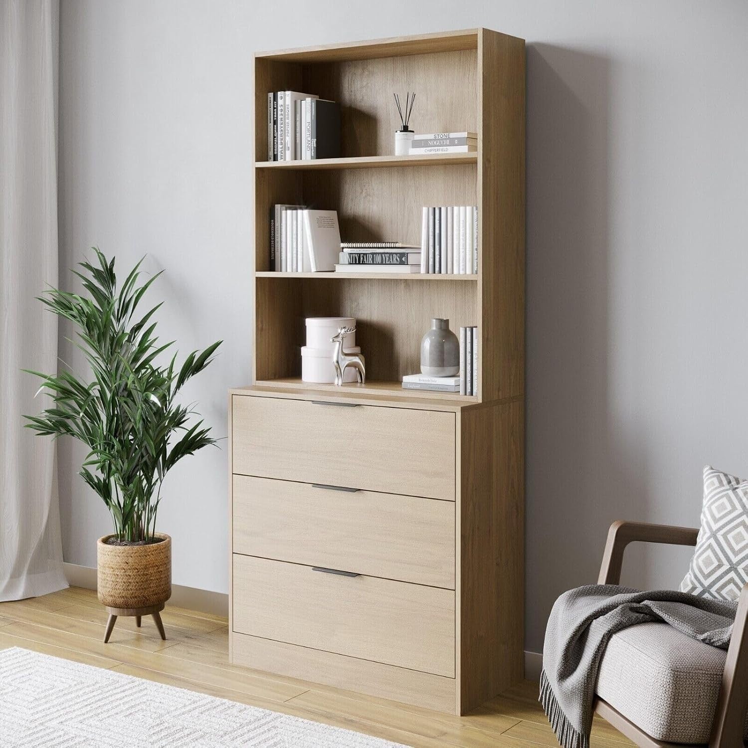 3 Drawer Wooden Storage Cabinet with Tall Bookcase Shelf Oak 60cm Combo Unit