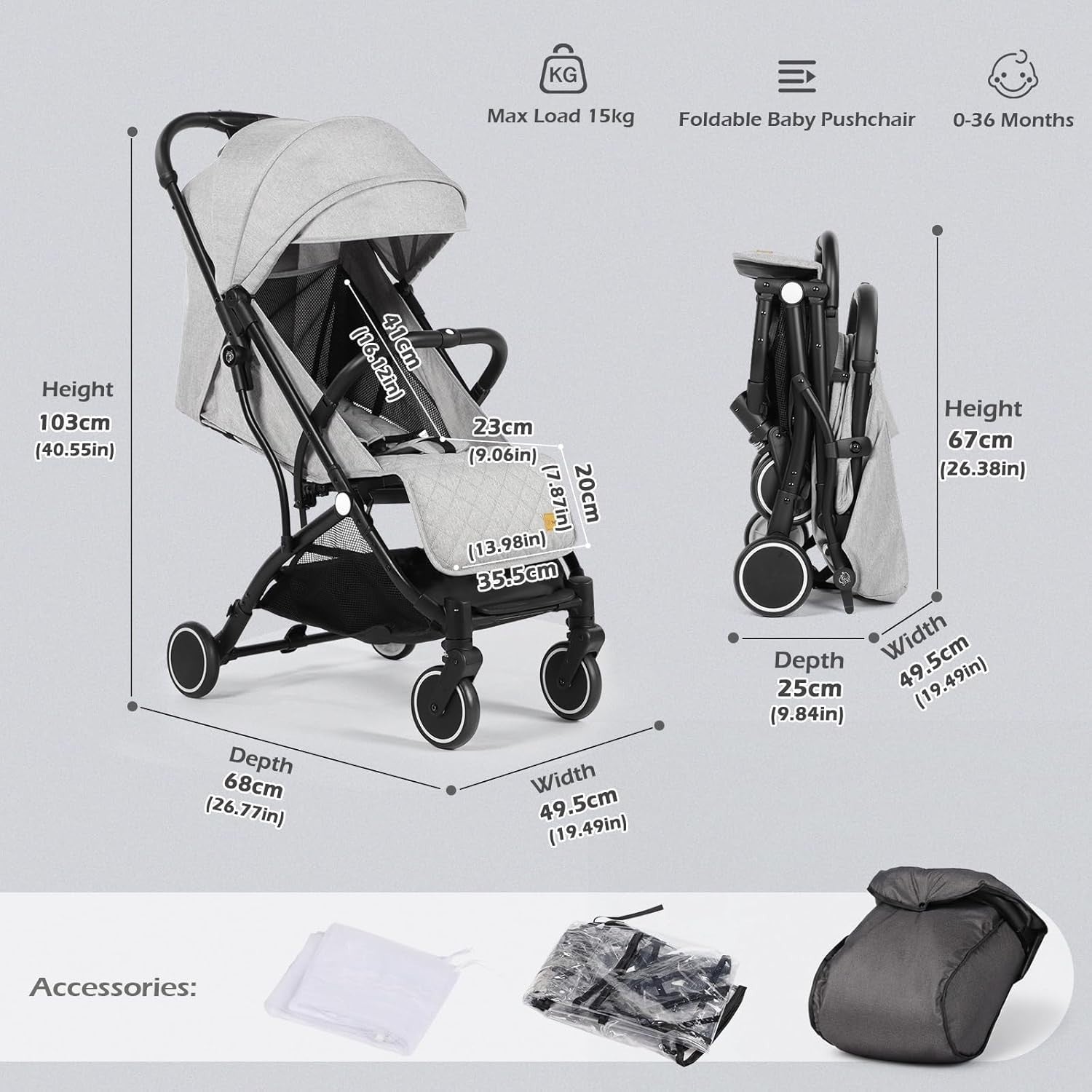 Lightweight Compact Travel Stroller One Hand Fold Buggy 5 Point Harness