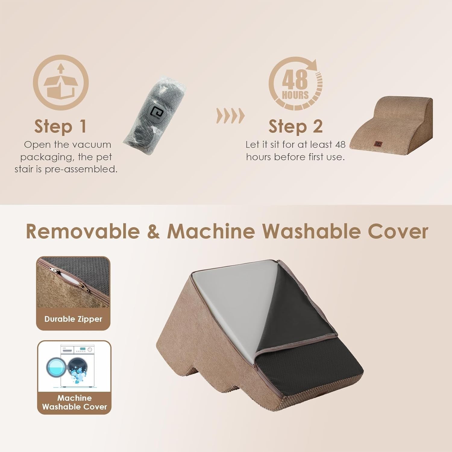 2 Step Dog Stairs for Sofa Non Slip Foam Pet Steps Washable Camel