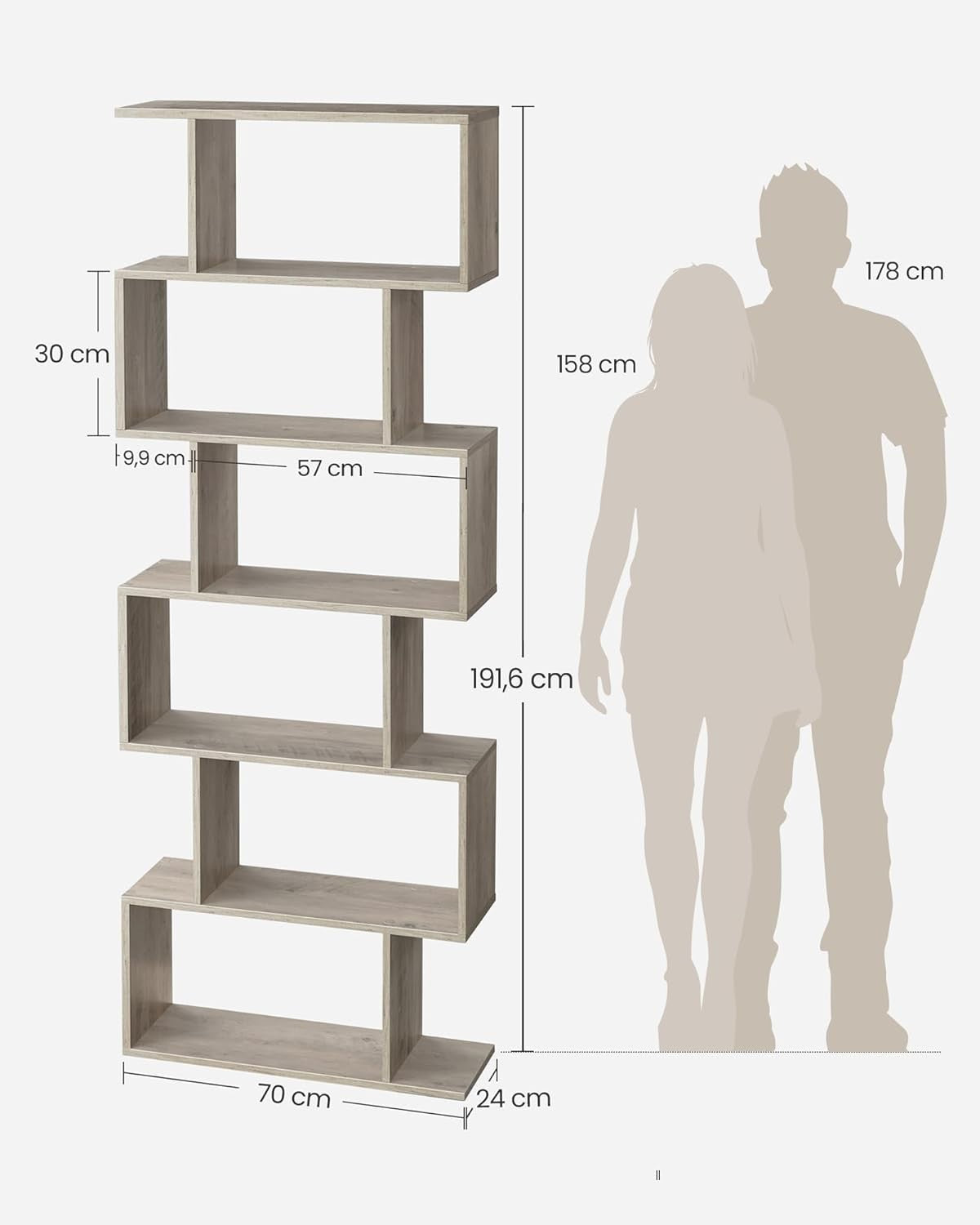 6 Tier Rustic Greige Bookcase S-Shaped Storage Shelf Room Divider 70x24x191cm