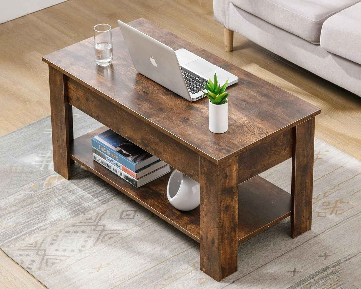 Lift Top Coffee Table with Storage Rustic Brown, Large Hidden Compartment 100x50