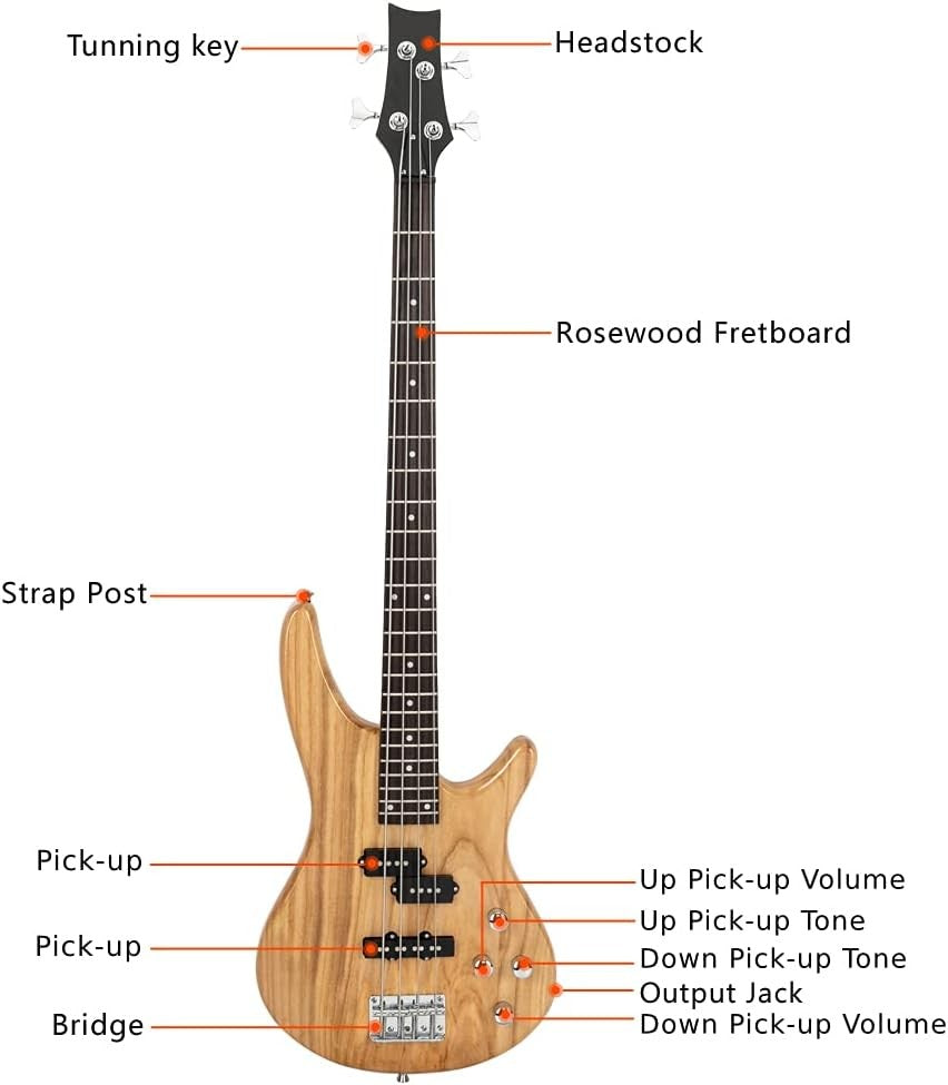 Full Size 4 String Electric Bass Guitar Beginner Kit Natural Wood