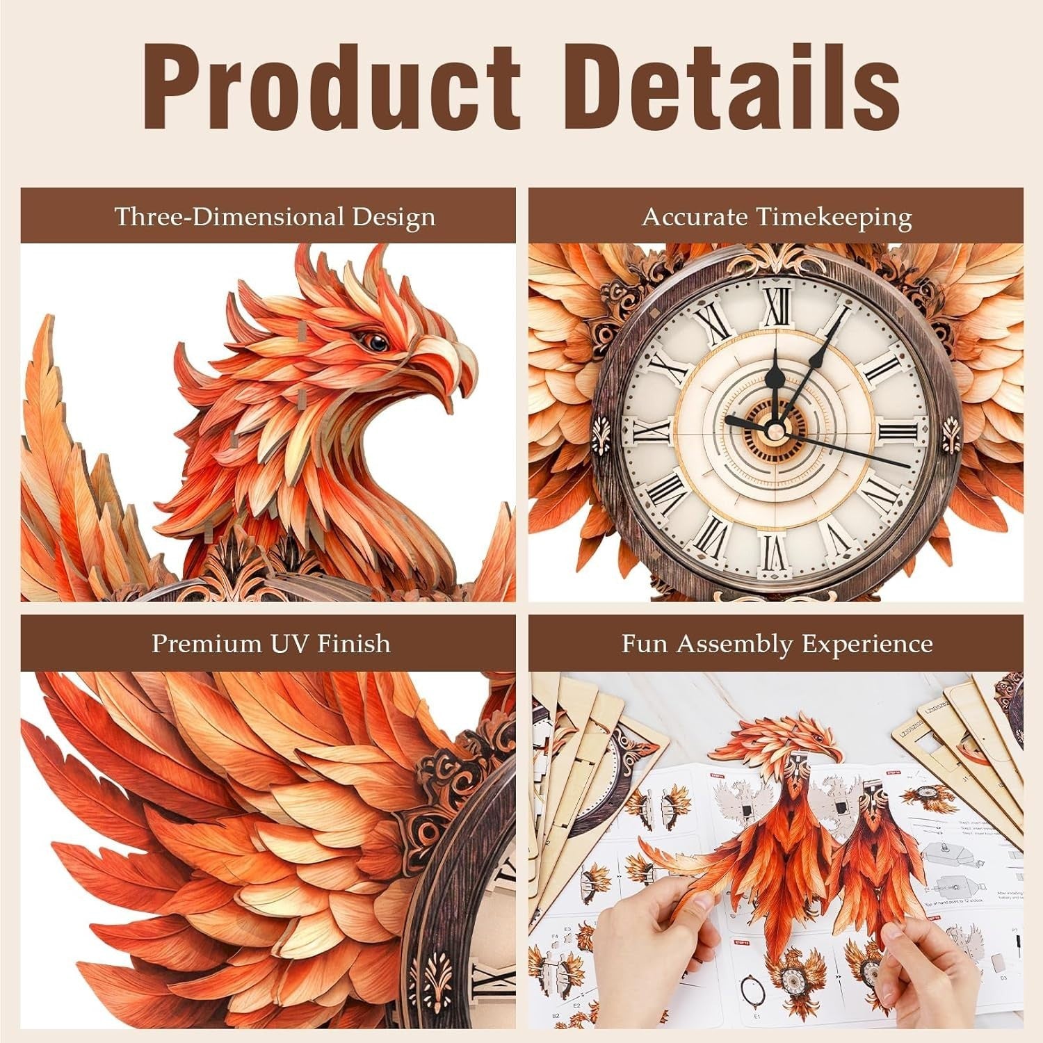 3D Wooden Phoenix Wall Clock Puzzle - Mechanical Art, Home Decor