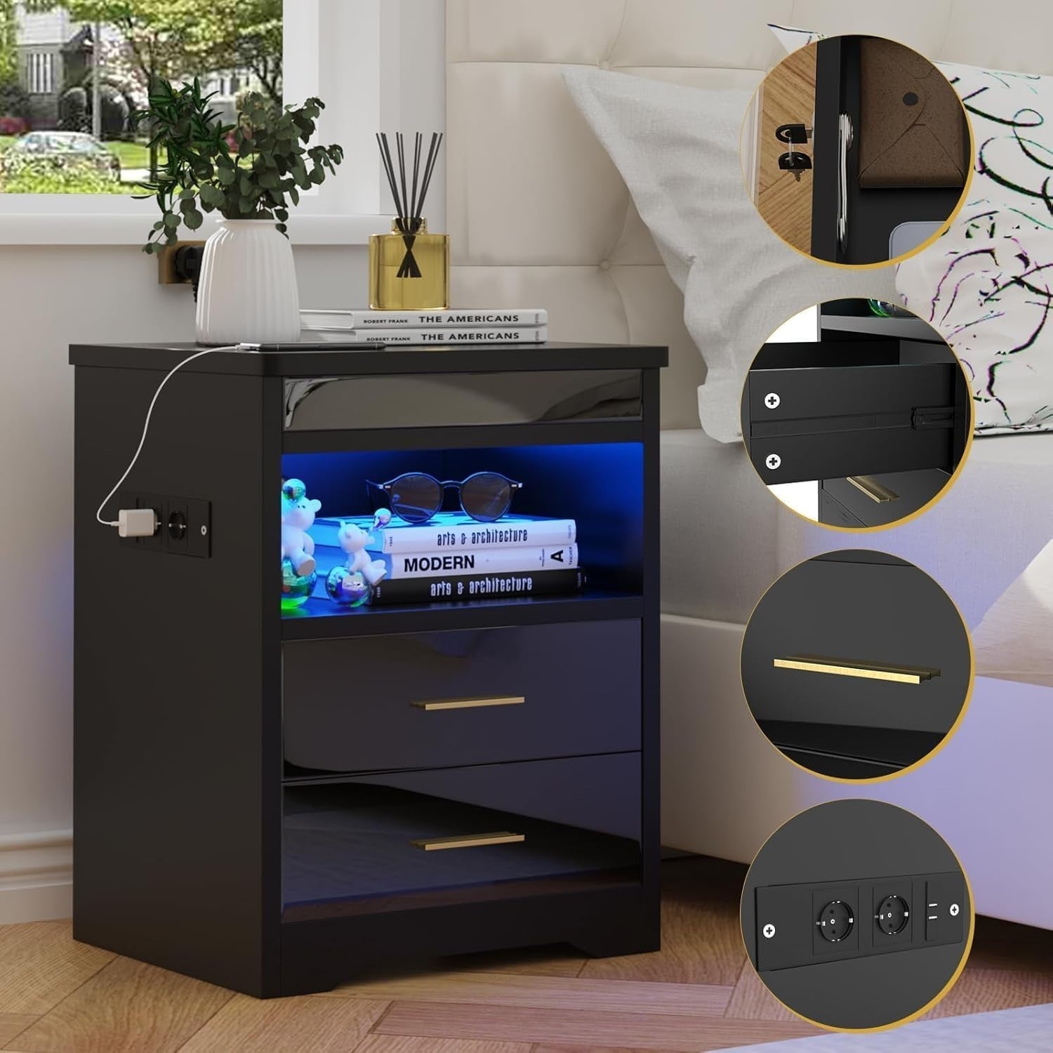 Modern LED Bedside Table with USB Charging, 2 Drawers + Shelf, Gloss Finish