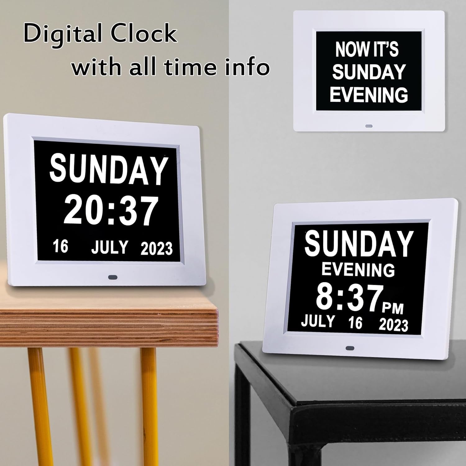 8 Inch Large Digital Dementia Clock Day Date Time White Seniors Display