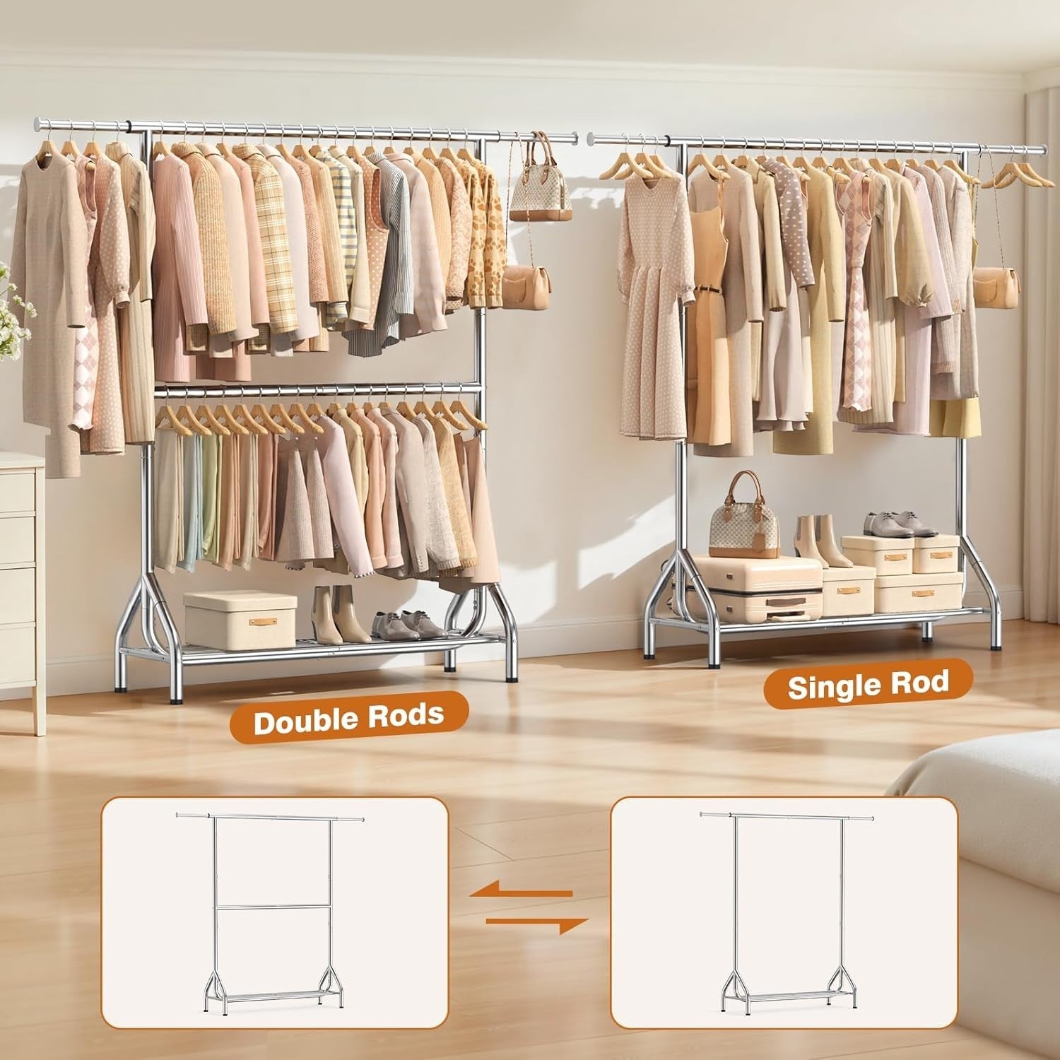 280KG Heavy Duty Double Clothes Rail with Shelves – Silver