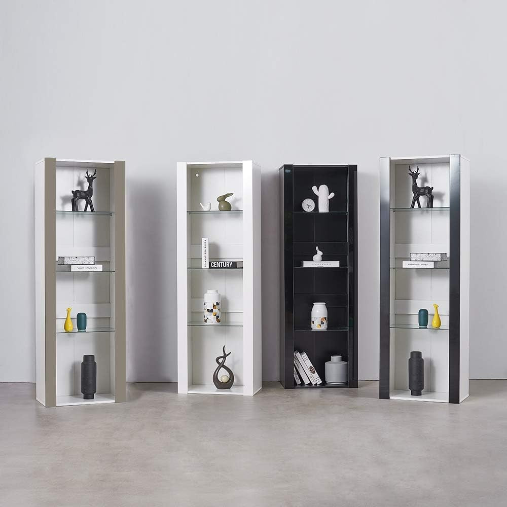Tall LED Display Cabinet White Gloss Glass Shelves Modern Showcase Cupboard