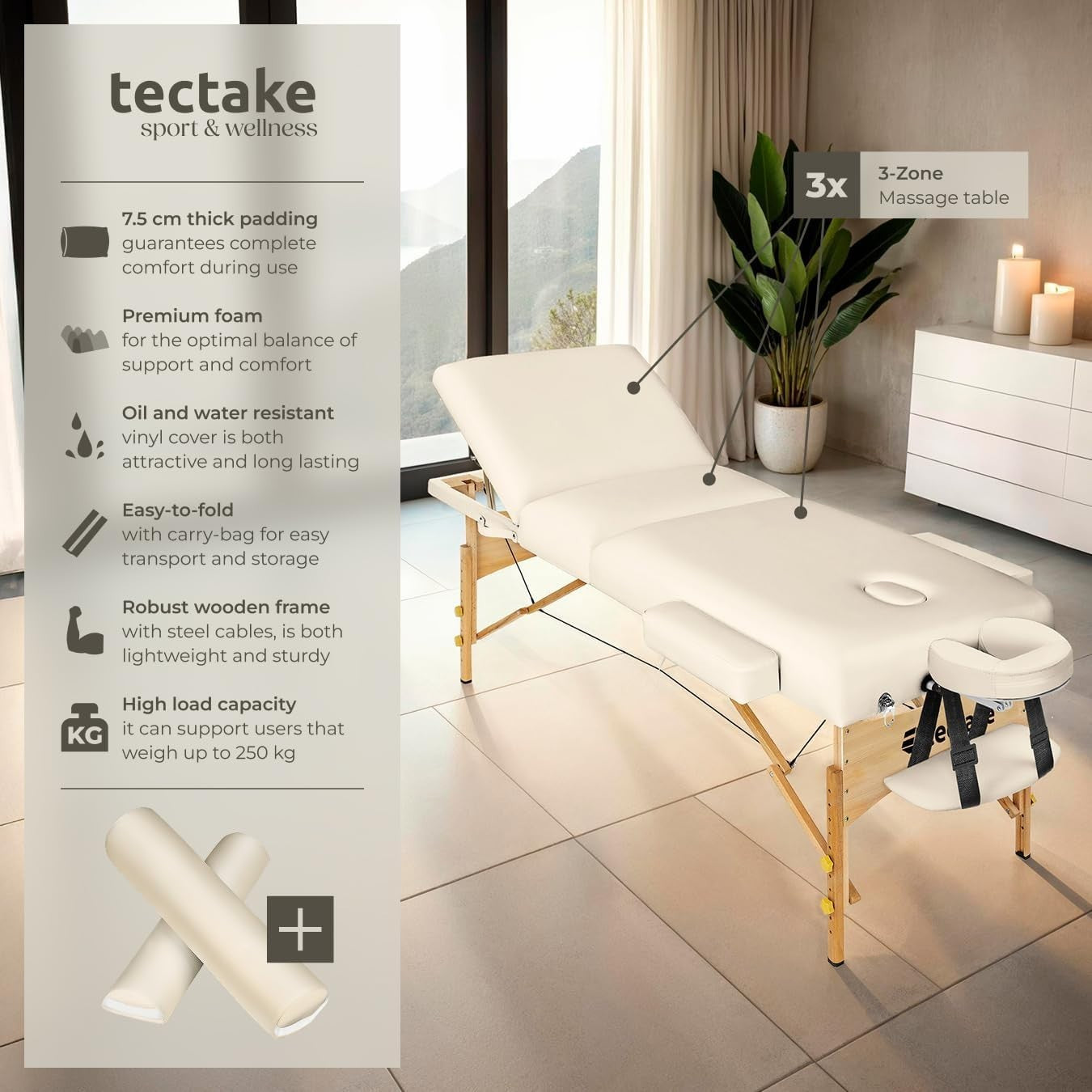 Portable 3 Zone Massage Table Foldable Adjustable Beauty Therapy Bed Beige
