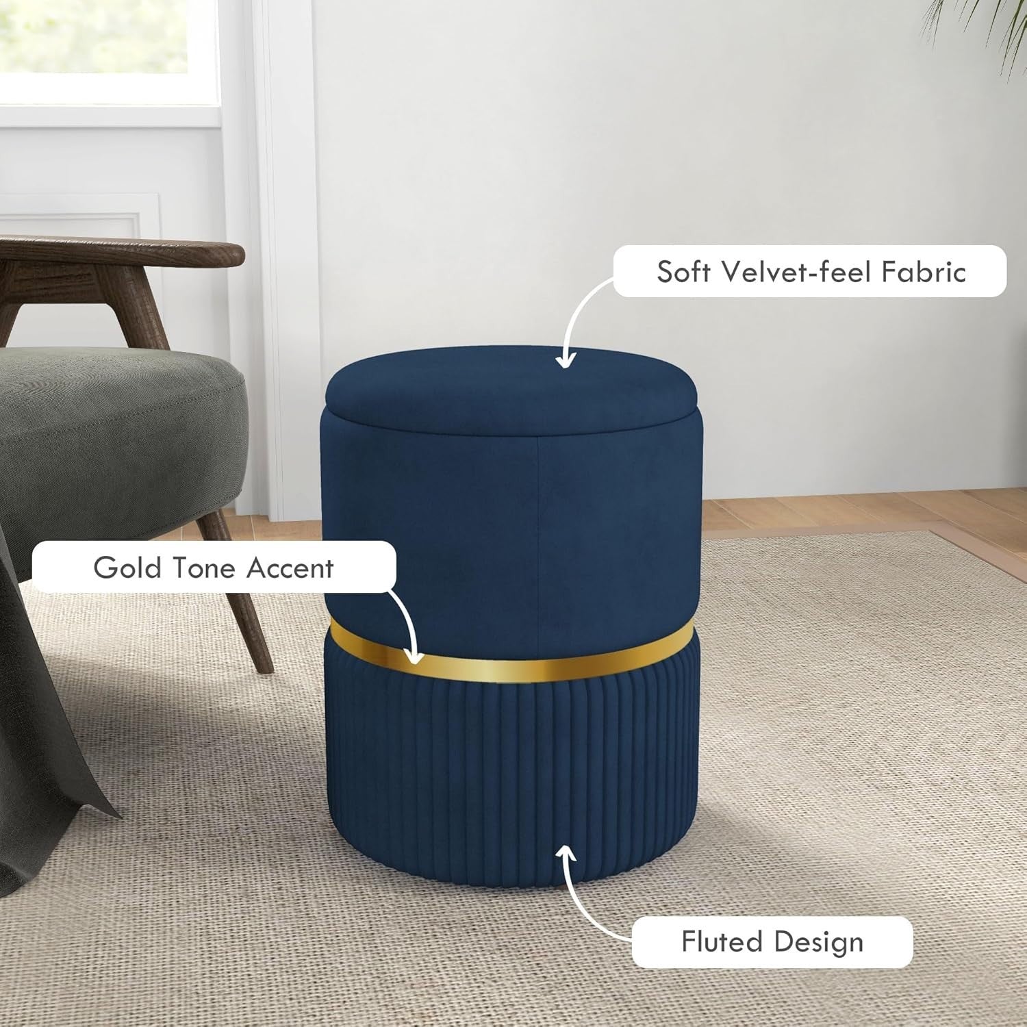 Dark Blue Velvet Round Storage Stool – Padded Ottoman with Hidden Space