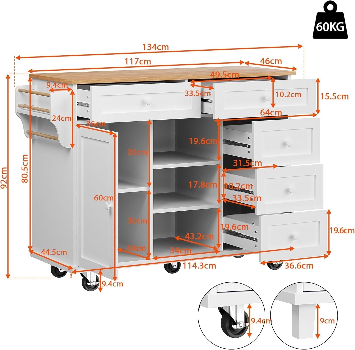 Multi-Level Kitchen Trolley with Drawers & Shelves, Mobile Food Cart 134x46x92cm