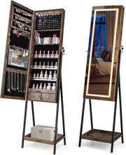 Rustic Brown LED Jewellery Armoire Full Length Mirror Lockable Organizer