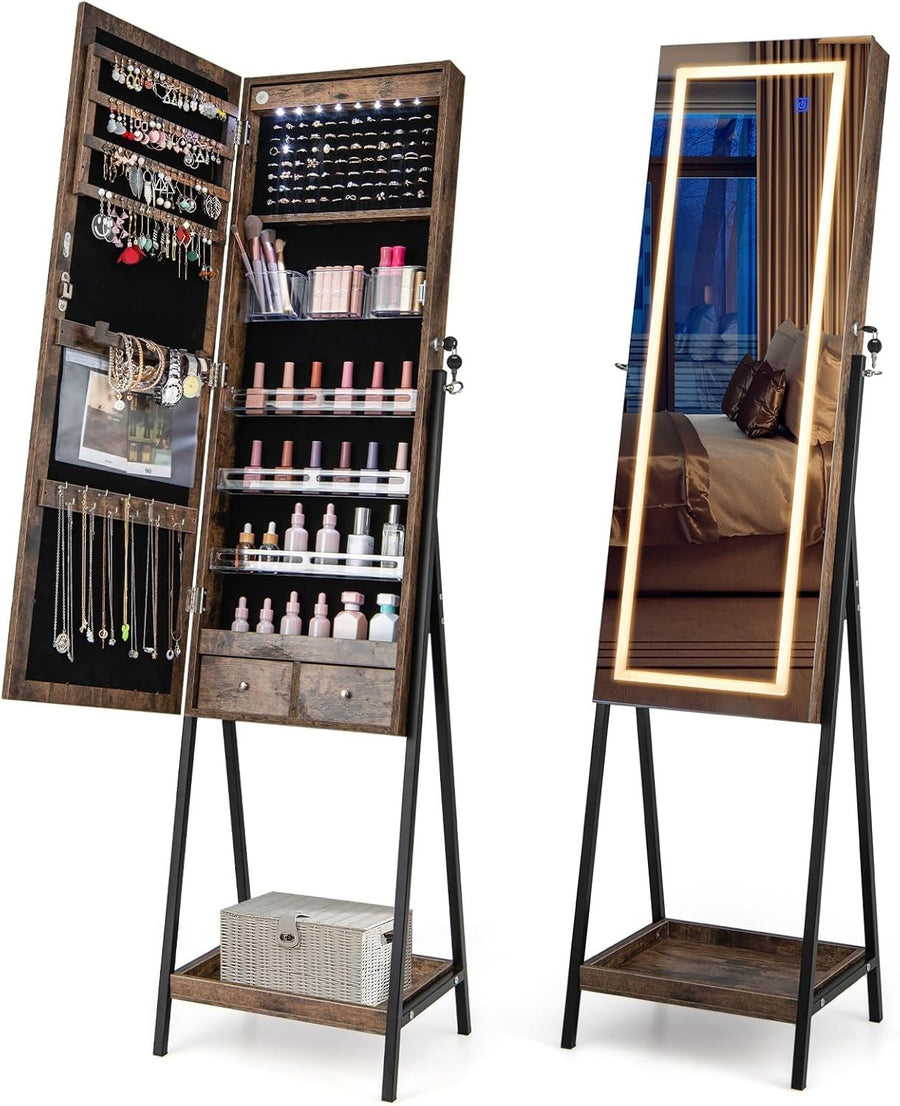 Rustic Brown LED Jewellery Armoire Full Length Mirror Lockable Organizer