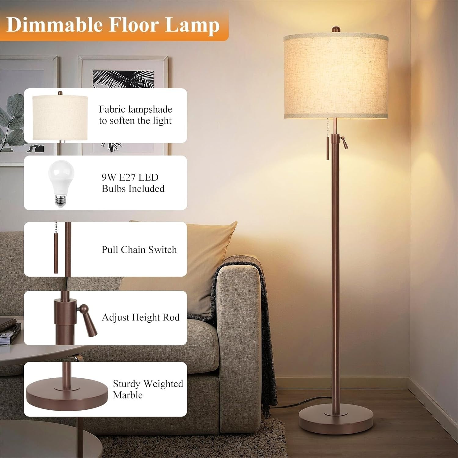 Adjustable Brown Floor Lamp with Lampshade, 3 Color Temps & Remote