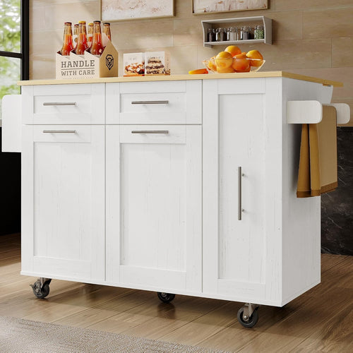 White Multifunctional Rolling Kitchen Island with Foldable Top, Drawers & Cabine