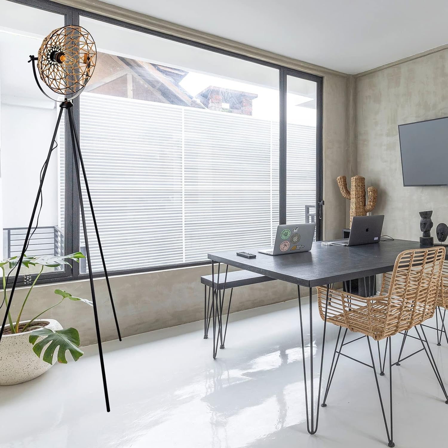 Rattan Floor Lamp Tripod Woven Shade Modern Corner Standing Light E27