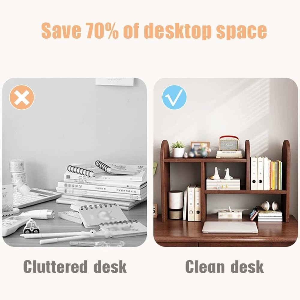 Adjustable Desktop Bookshelf Organizer Expandable Wood Desk Storage Rack