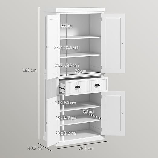 Tall White Kitchen Pantry Cupboard 4 Door Freestanding Cabinet with Drawer