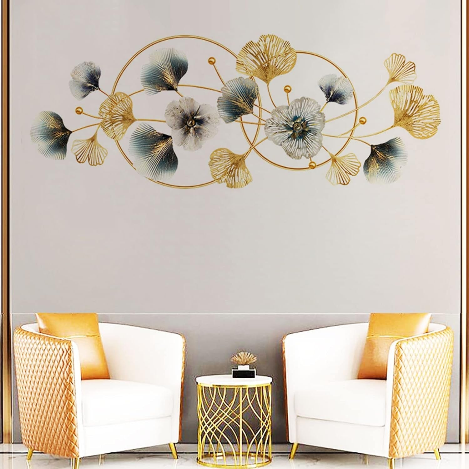 3D Gold Ginkgo Leaf Metal Wall Art 125x52cm Framed Decor