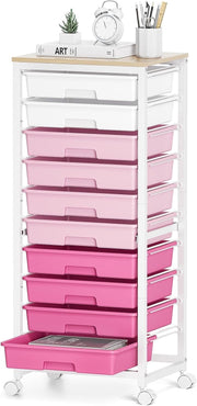 10 Drawer Storage Trolley Pink Craft Organizer Cart with Wheels