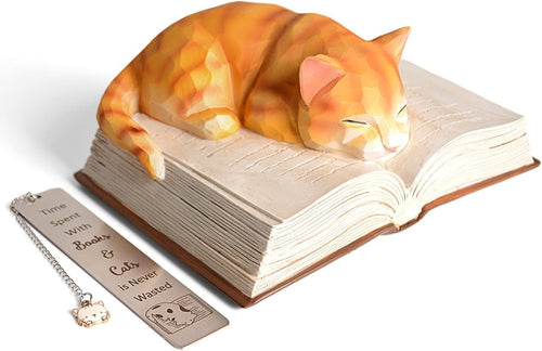 Sleeping Cat Ornament on Book with Bookmark Gift | Cute Cat Figurine Home Decor