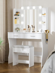 Modern White Vanity Dressing Table Set w/ Stool, 3-Color LED Light & Storage