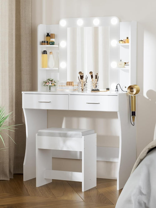 Modern White Vanity Dressing Table Set w/ Stool, 3-Color LED Light & Storage