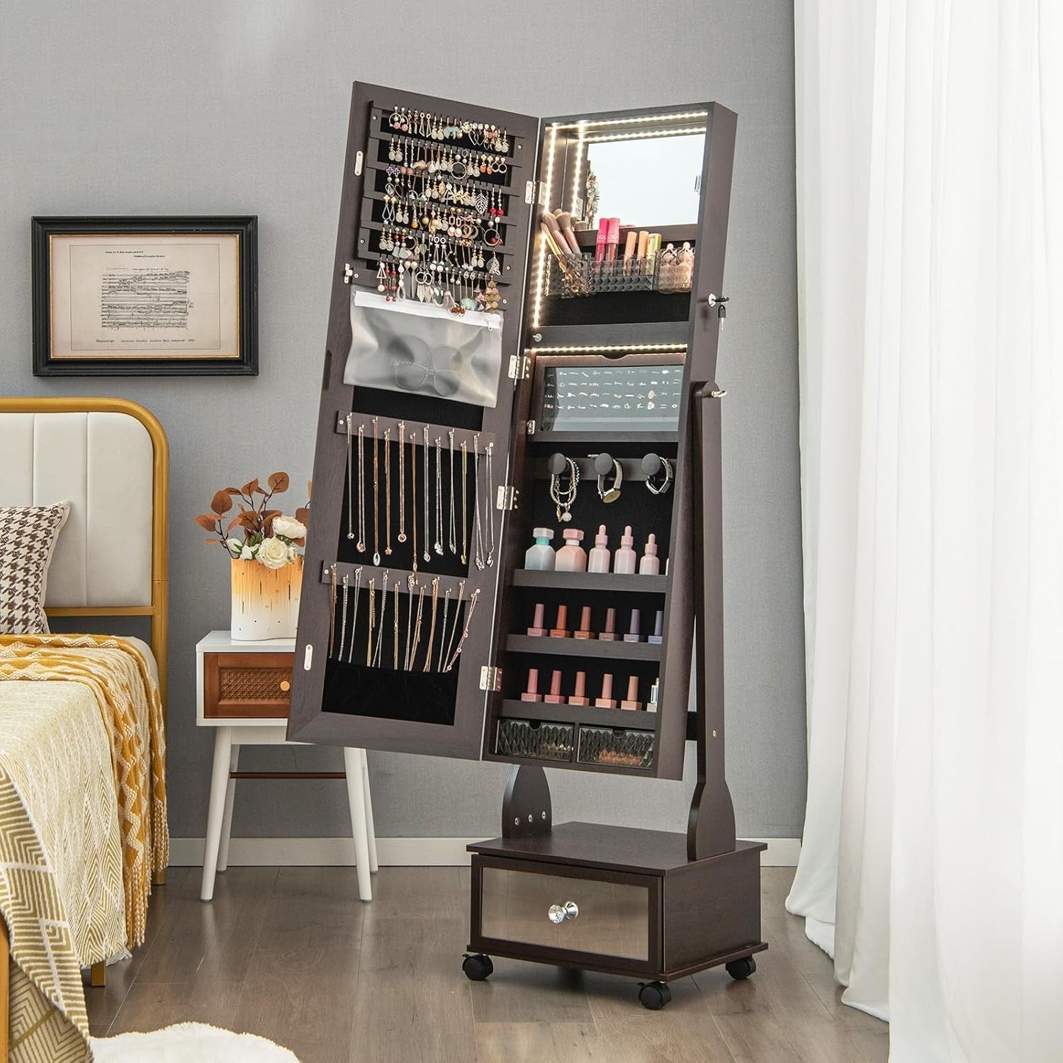 LED Standing Jewelry Armoire Lockable Mirror Cabinet with Wheels Coffee