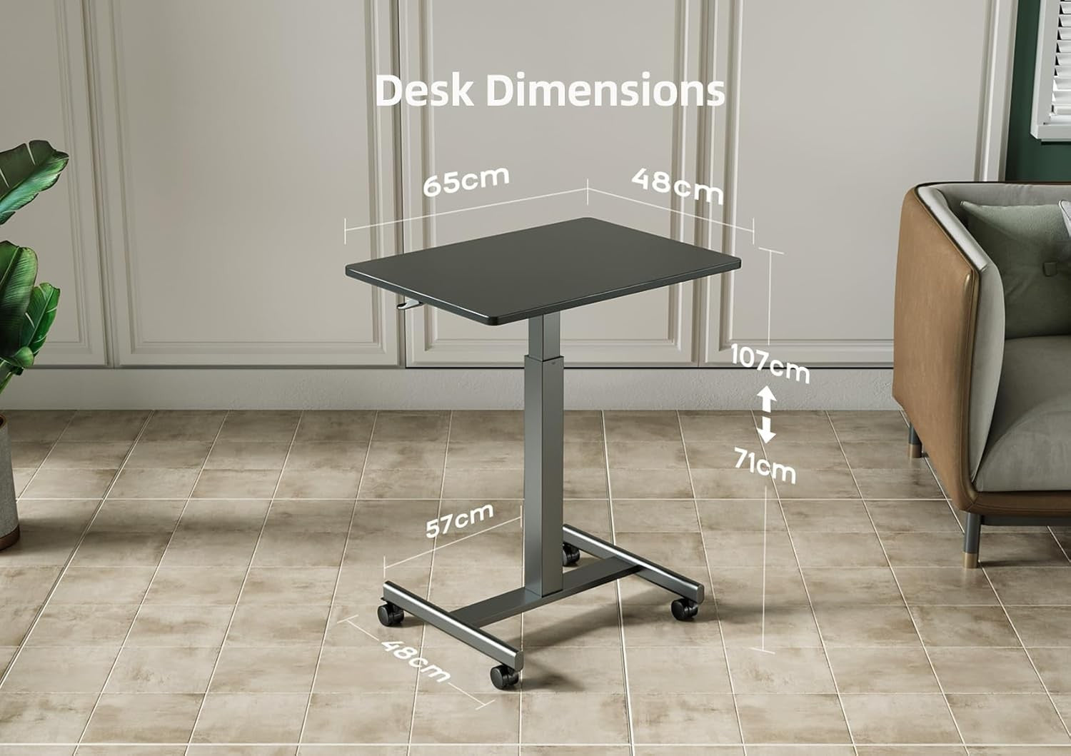Mobile Standing Desk Height Adjustable Laptop Table Rolling Office Desk 65x48cm